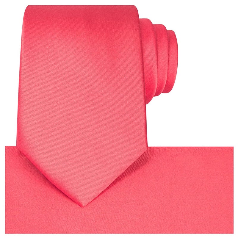 KissTies Sunset Coral Satin Tie Set Solid Ties Mens Necktie + Pocket Square - Image 1